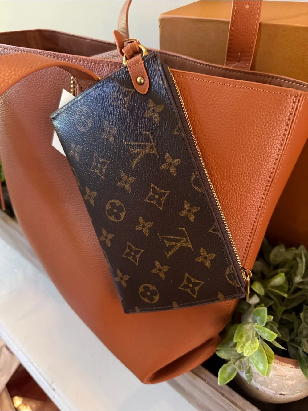 Camel Leather Tote with Gold Padlock Accent